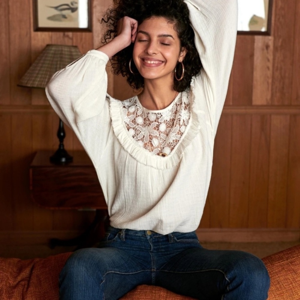 Sezane Maggy White Puff Long Sleeve Top Cream Lace Size 36 US 4